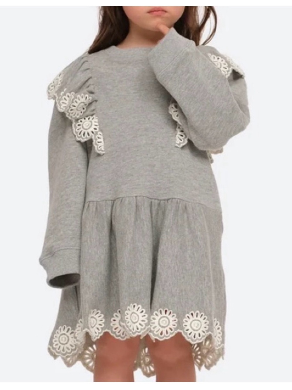 SEA Blaine Openwork Embroidery Adorned Long Sleeve Combo Dress, Grey NWT 10Y